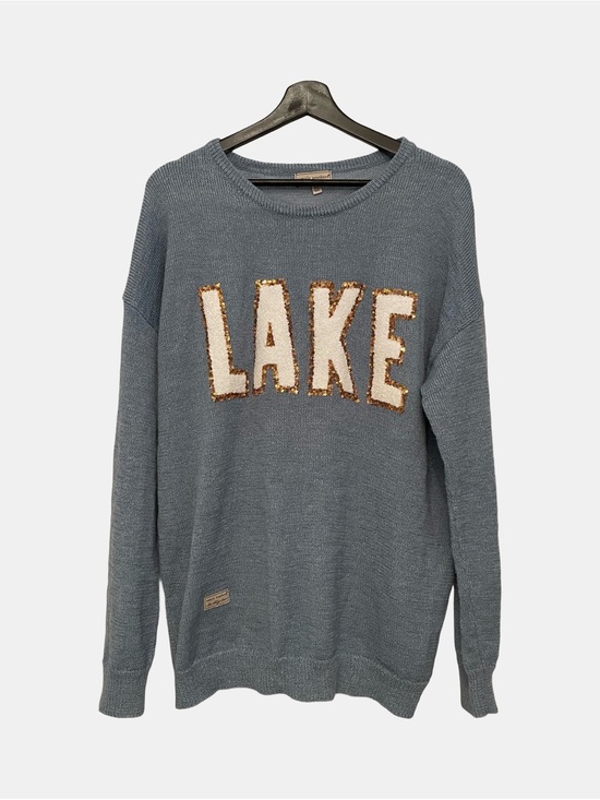 Simply Southern Sweaters - Simply Southern LAKE Blue Sweater Womens XL White Letter Patches Gold Sequins